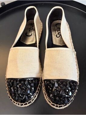 Circus by Sam Edelman “Loretta” Cream Espadrilles with Black Jeweled Cap Toe